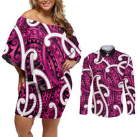 Aotearoa Maori Kowhaiwhai Couples Matching Off Shoulder Short Dress and Long Sleeve Button Shirt Mawhero Puhoro and Patiki