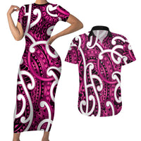Aotearoa Maori Kowhaiwhai Couples Matching Short Sleeve Bodycon Dress and Hawaiian Shirt Mawhero Puhoro and Patiki LT9 Pink - Polynesian Pride