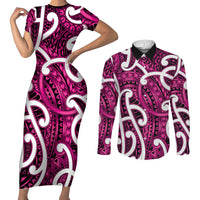 Aotearoa Maori Kowhaiwhai Couples Matching Short Sleeve Bodycon Dress and Long Sleeve Button Shirt Mawhero Puhoro and Patiki