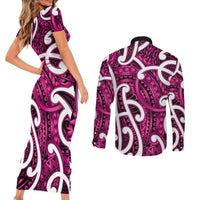 Aotearoa Maori Kowhaiwhai Couples Matching Short Sleeve Bodycon Dress and Long Sleeve Button Shirt Mawhero Puhoro and Patiki