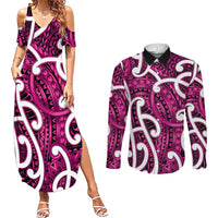 Aotearoa Maori Kowhaiwhai Couples Matching Summer Maxi Dress and Long Sleeve Button Shirt Mawhero Puhoro and Patiki LT9 Pink - Polynesian Pride