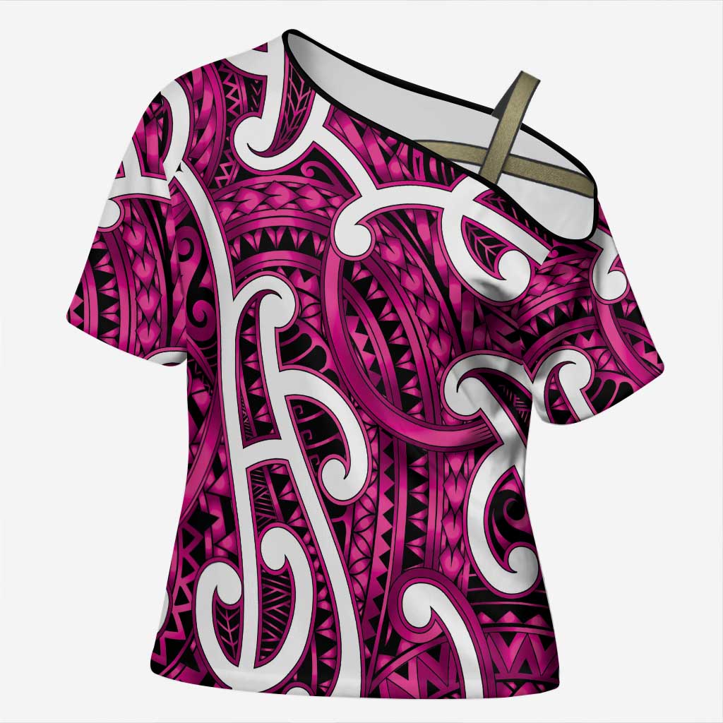 Aotearoa Maori Kowhaiwhai Cross Shoulder Shirt Mawhero Puhoro and Patiki LT9 Female Pink - Polynesian Pride
