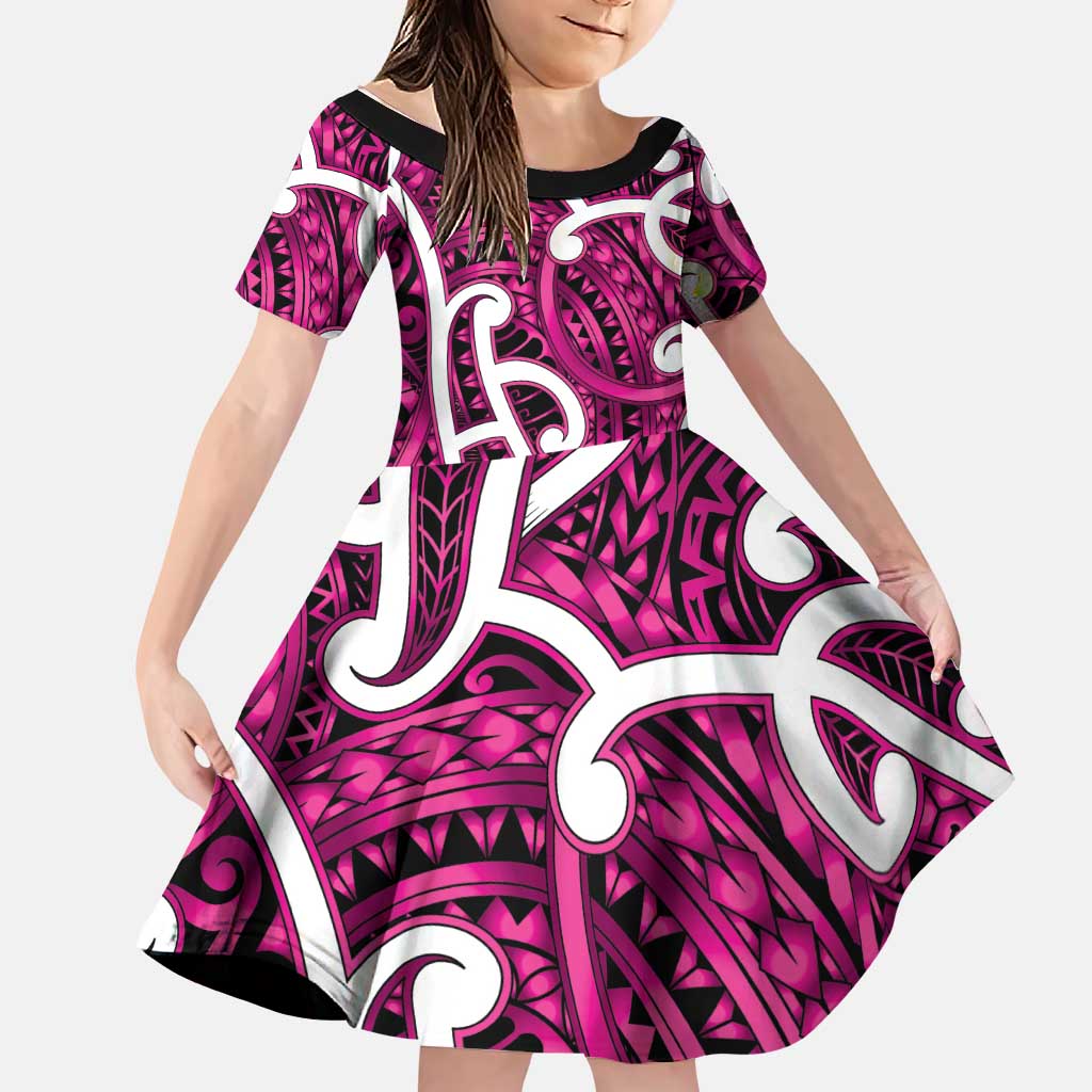 Aotearoa Maori Kowhaiwhai Family Matching Long Sleeve Bodycon Dress and Hawaiian Shirt Mawhero Puhoro and Patiki LT9 Daughter's Dress Pink - Polynesian Pride