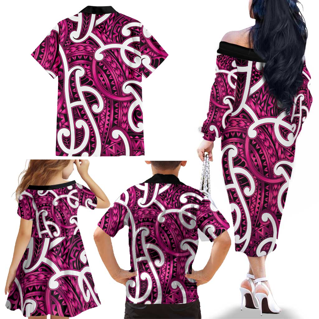 Aotearoa Maori Kowhaiwhai Family Matching Off The Shoulder Long Sleeve Dress and Hawaiian Shirt Mawhero Puhoro and Patiki LT9 - Polynesian Pride