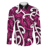 Aotearoa Maori Kowhaiwhai Family Matching Off The Shoulder Long Sleeve Dress and Hawaiian Shirt Mawhero Puhoro and Patiki LT9 Dad's Shirt - Long Sleeve Pink - Polynesian Pride