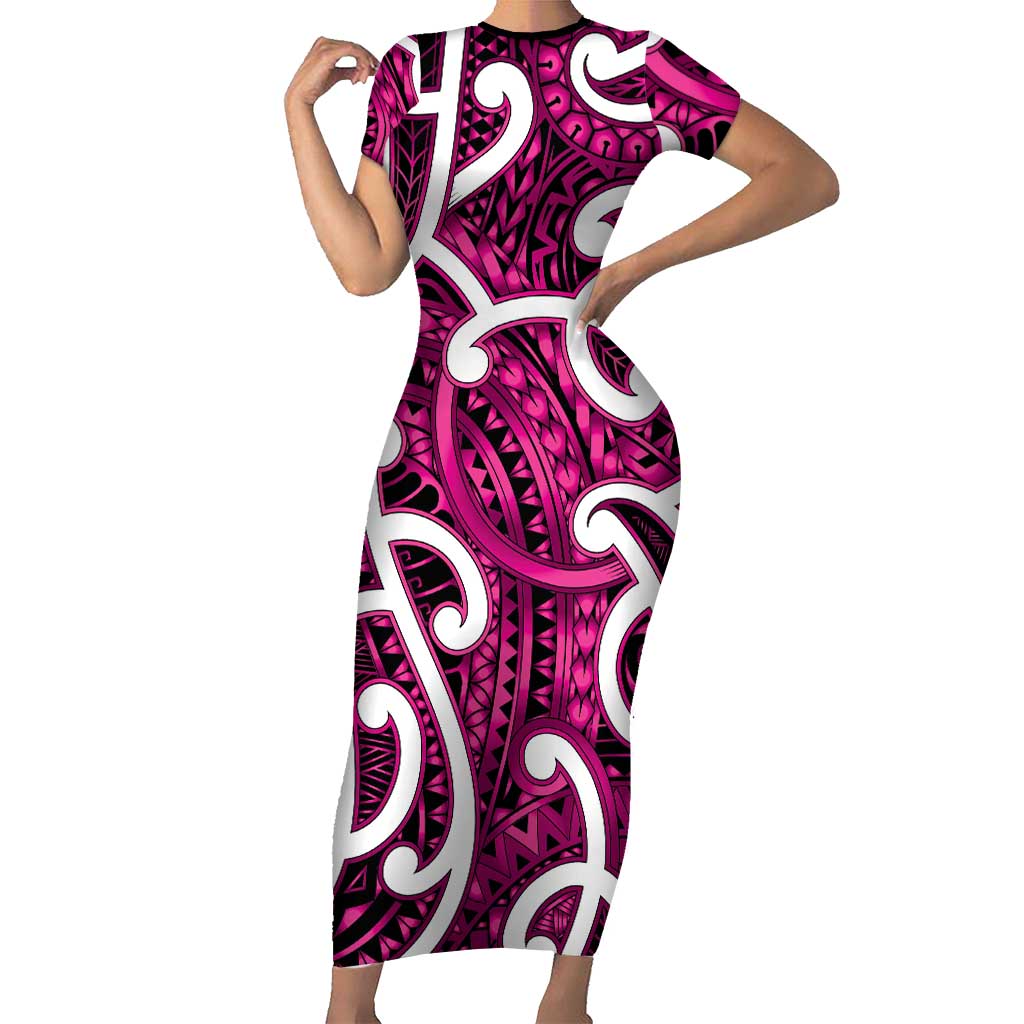 Aotearoa Maori Kowhaiwhai Short Sleeve Bodycon Dress Mawhero Puhoro and Patiki LT9 Long Dress Pink - Polynesian Pride