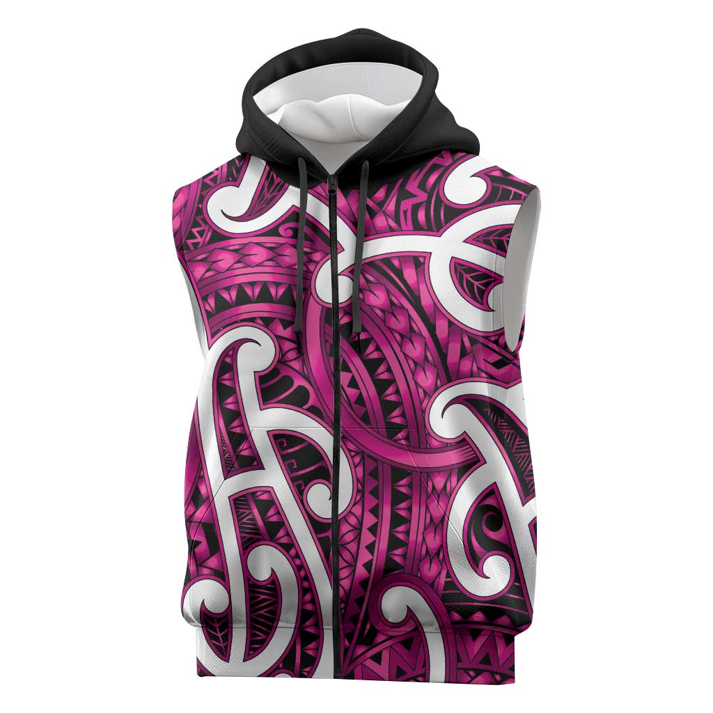 Aotearoa Maori Kowhaiwhai Sleeveless Zip Hoodie Mawhero Puhoro and Patiki LT9 Pink - Polynesian Pride