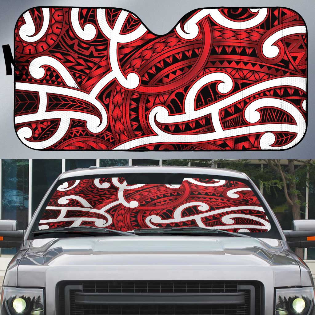 Aotearoa Maori Kowhaiwhai Auto Sun Shade Whero Puhoro and Patiki LT9 Red - Polynesian Pride