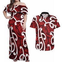 Aotearoa Maori Kowhaiwhai Couples Matching Off Shoulder Maxi Dress and Hawaiian Shirt Whero Puhoro and Patiki