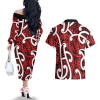 Aotearoa Maori Kowhaiwhai Couples Matching Off The Shoulder Long Sleeve Dress and Hawaiian Shirt Whero Puhoro and Patiki LT9 - Polynesian Pride