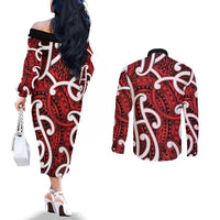Aotearoa Maori Kowhaiwhai Couples Matching Off The Shoulder Long Sleeve Dress and Long Sleeve Button Shirt Whero Puhoro and Patiki
