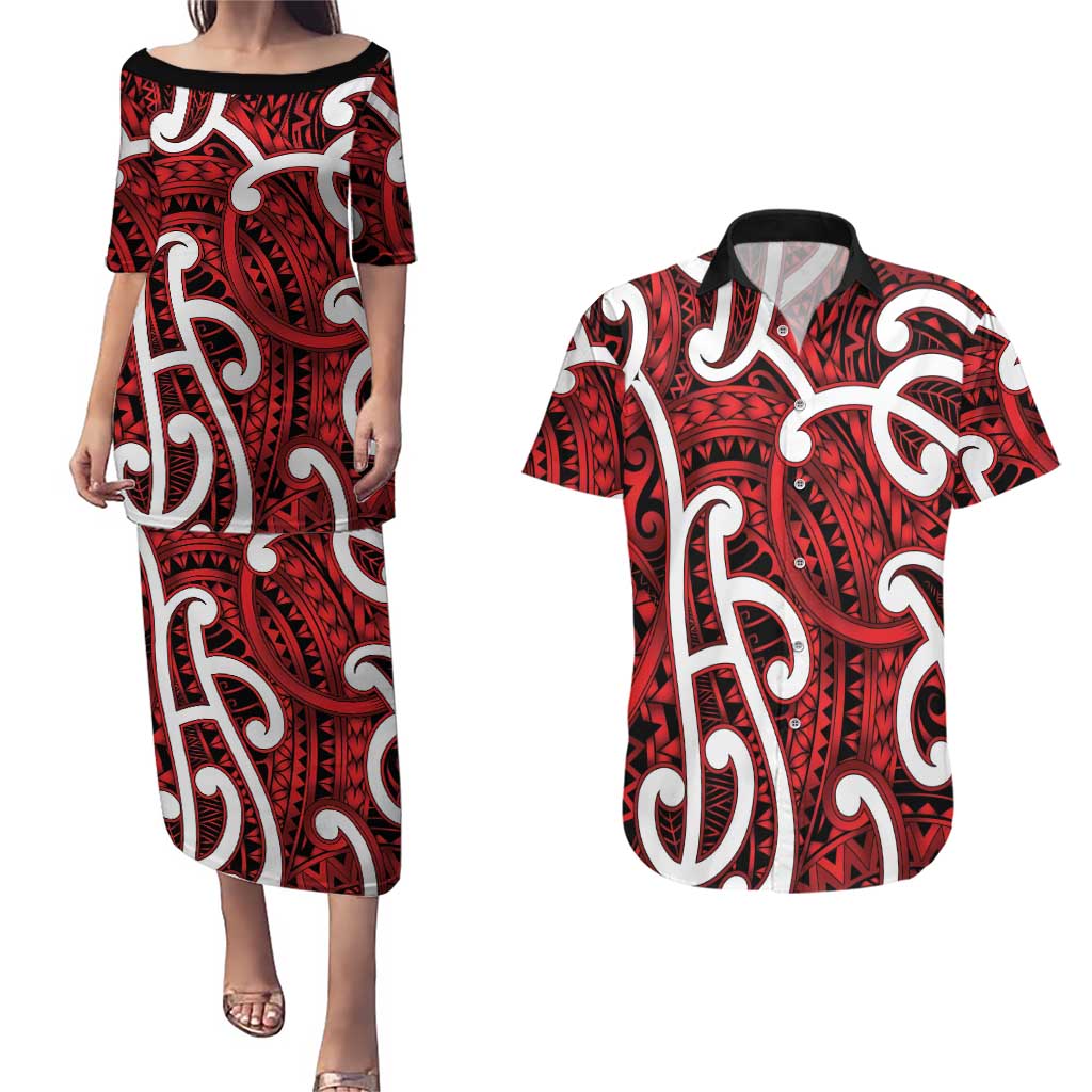 Aotearoa Maori Kowhaiwhai Couples Matching Puletasi and Hawaiian Shirt Whero Puhoro and Patiki LT9 Red - Polynesian Pride