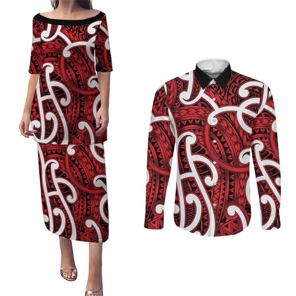 Aotearoa Maori Kowhaiwhai Couples Matching Puletasi and Long Sleeve Button Shirt Whero Puhoro and Patiki LT9 Red - Polynesian Pride
