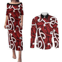 Aotearoa Maori Kowhaiwhai Couples Matching Puletasi and Long Sleeve Button Shirt Whero Puhoro and Patiki LT9 Red - Polynesian Pride