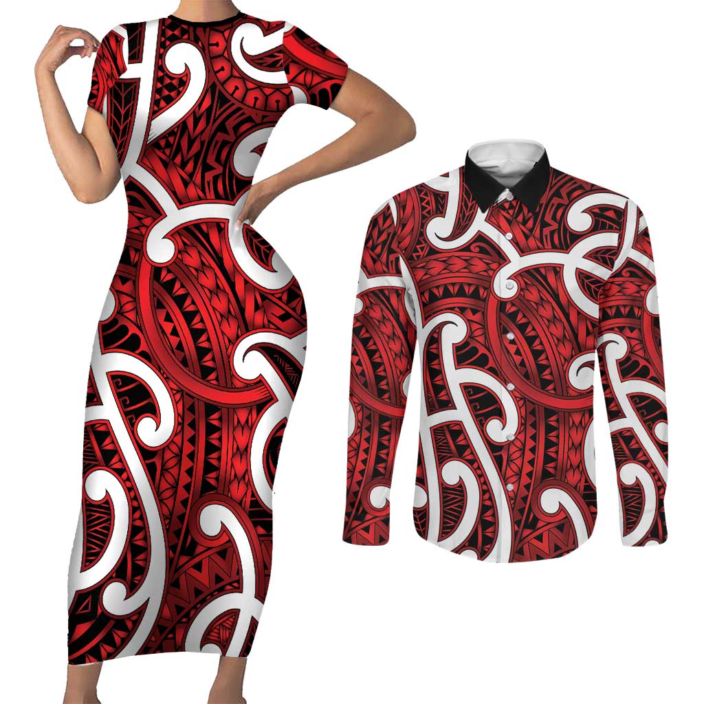 Aotearoa Maori Kowhaiwhai Couples Matching Short Sleeve Bodycon Dress and Long Sleeve Button Shirt Whero Puhoro and Patiki