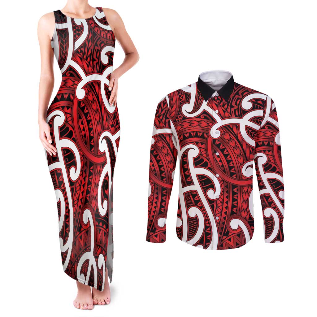 Aotearoa Maori Kowhaiwhai Couples Matching Tank Maxi Dress and Long Sleeve Button Shirt Whero Puhoro and Patiki