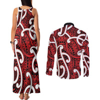 Aotearoa Maori Kowhaiwhai Couples Matching Tank Maxi Dress and Long Sleeve Button Shirt Whero Puhoro and Patiki