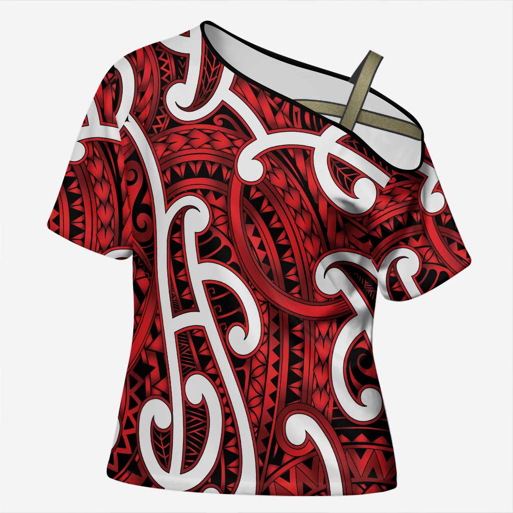Aotearoa Maori Kowhaiwhai Cross Shoulder Shirt Whero Puhoro and Patiki LT9 Female Red - Polynesian Pride