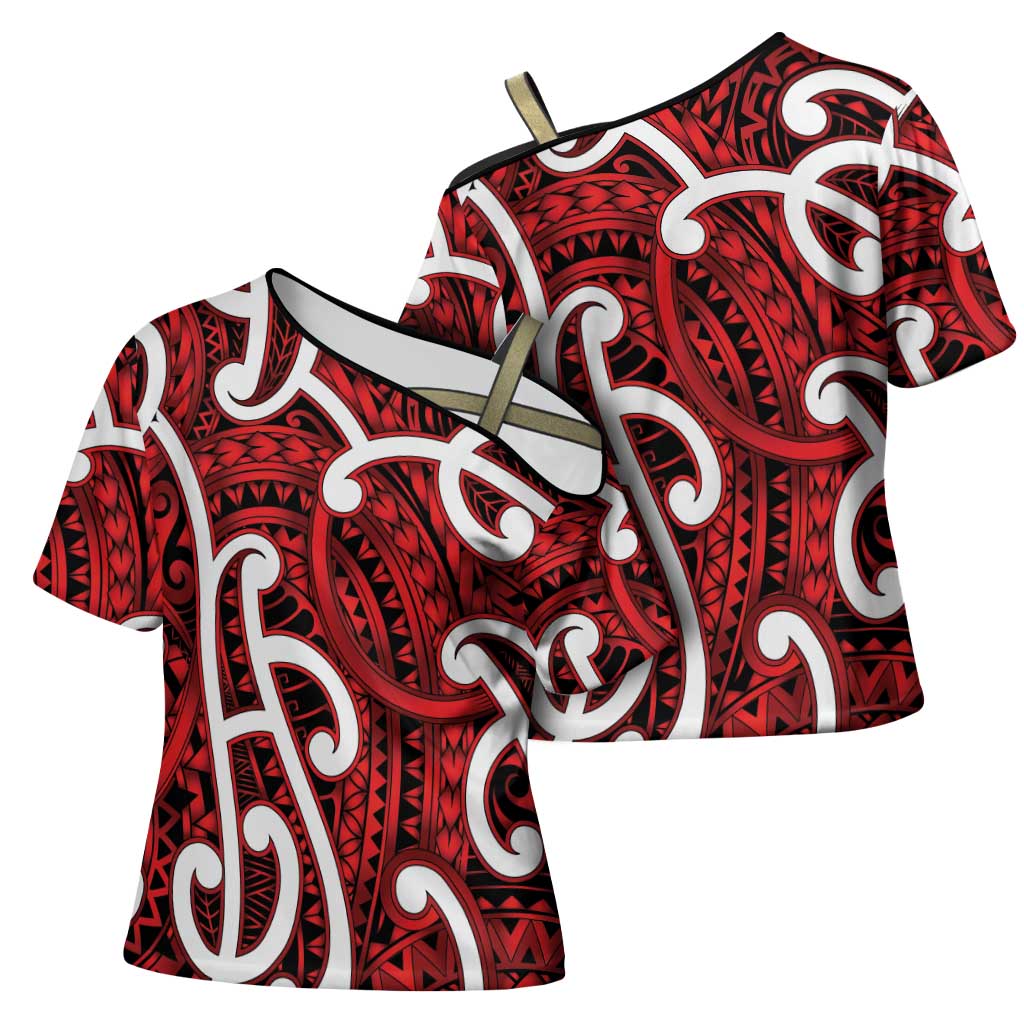 Aotearoa Maori Kowhaiwhai Cross Shoulder Shirt Whero Puhoro and Patiki LT9 - Polynesian Pride