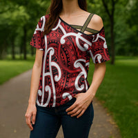 Aotearoa Maori Kowhaiwhai Cross Shoulder Shirt Whero Puhoro and Patiki LT9 - Polynesian Pride