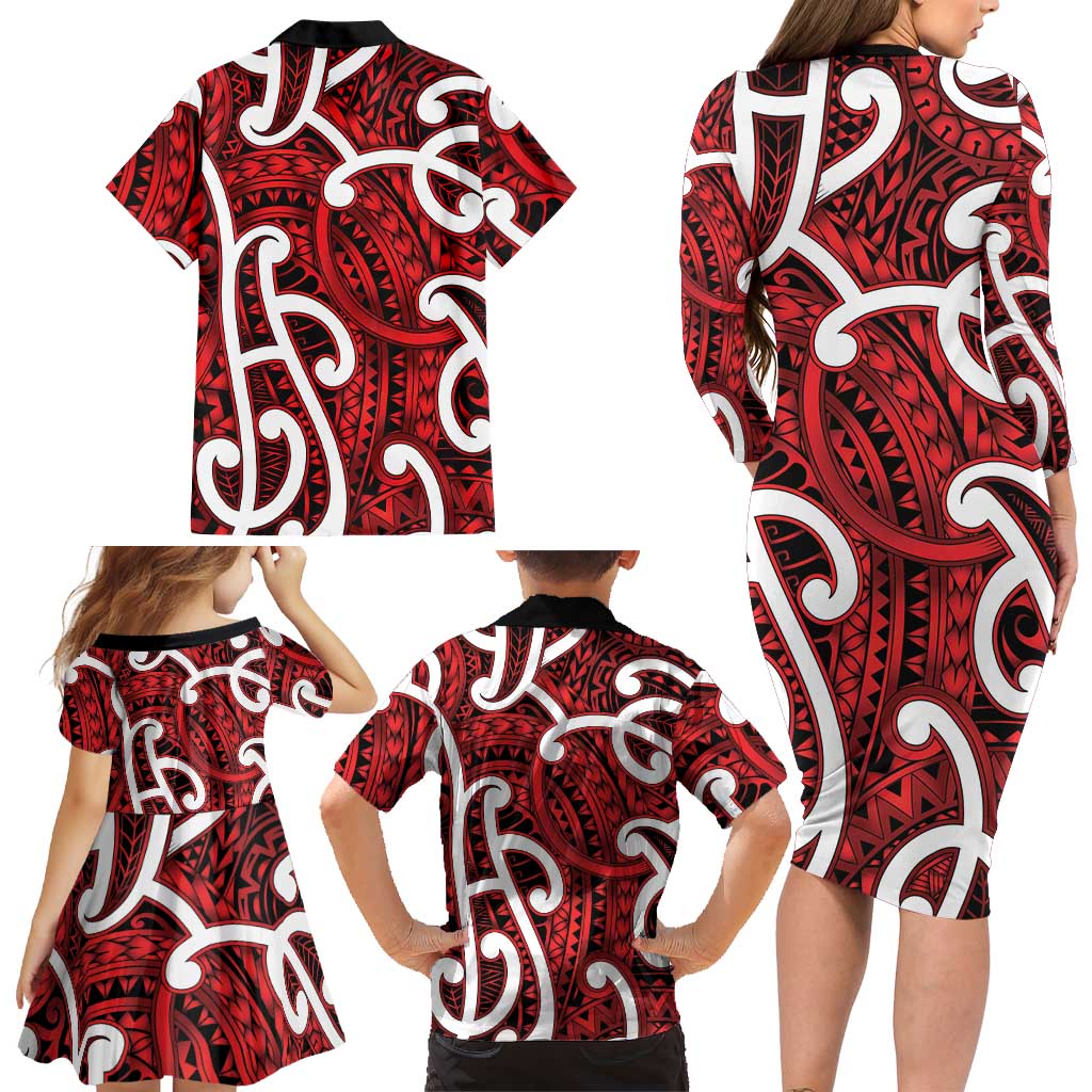 Aotearoa Maori Kowhaiwhai Family Matching Long Sleeve Bodycon Dress and Hawaiian Shirt Whero Puhoro and Patiki LT9 - Polynesian Pride
