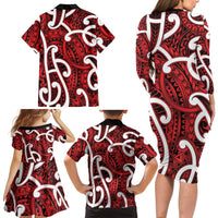 Aotearoa Maori Kowhaiwhai Family Matching Long Sleeve Bodycon Dress and Hawaiian Shirt Whero Puhoro and Patiki LT9 - Polynesian Pride