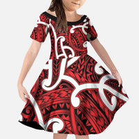 Aotearoa Maori Kowhaiwhai Family Matching Off Shoulder Maxi Dress and Hawaiian Shirt Whero Puhoro and Patiki LT9 Daughter's Dress Red - Polynesian Pride