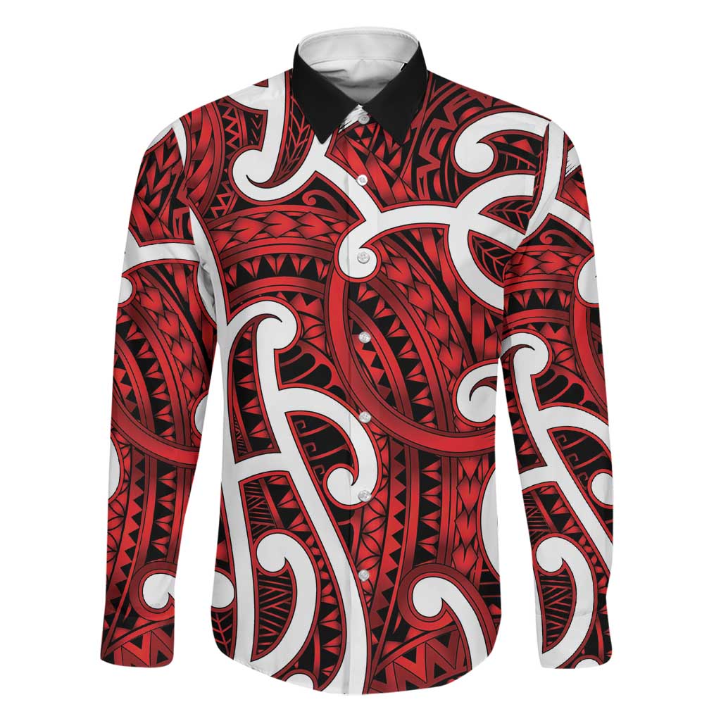 Aotearoa Maori Kowhaiwhai Family Matching Off Shoulder Maxi Dress and Hawaiian Shirt Whero Puhoro and Patiki LT9 Dad's Shirt - Long Sleeve Red - Polynesian Pride