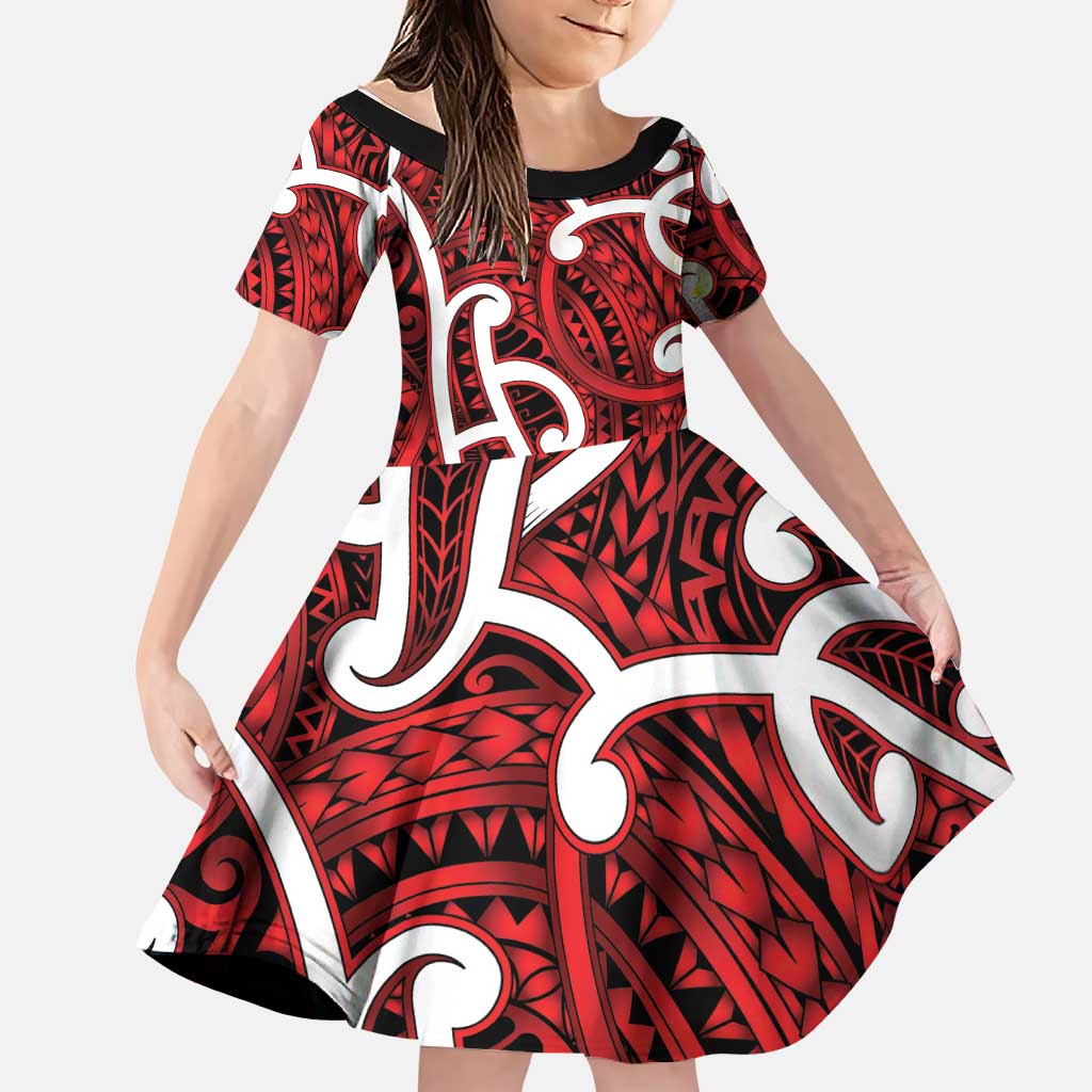 Aotearoa Maori Kowhaiwhai Family Matching Puletasi and Hawaiian Shirt Whero Puhoro and Patiki LT9 Daughter's Dress Red - Polynesian Pride