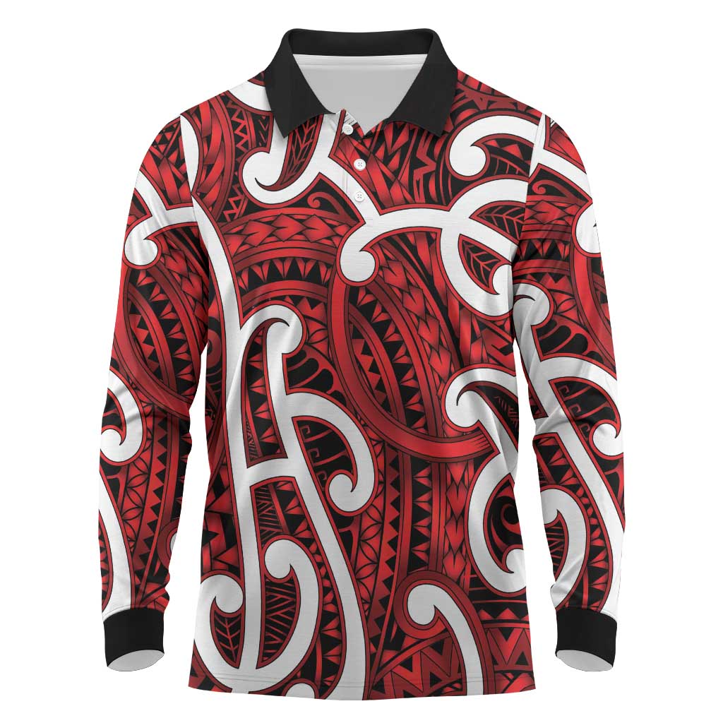 Aotearoa Maori Kowhaiwhai Long Sleeve Polo Shirt Whero Puhoro and Patiki