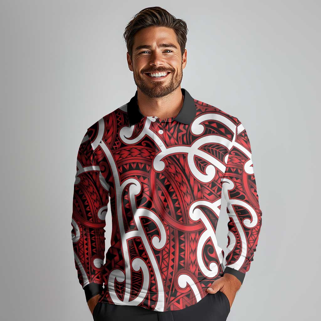 Aotearoa Maori Kowhaiwhai Long Sleeve Polo Shirt Whero Puhoro and Patiki