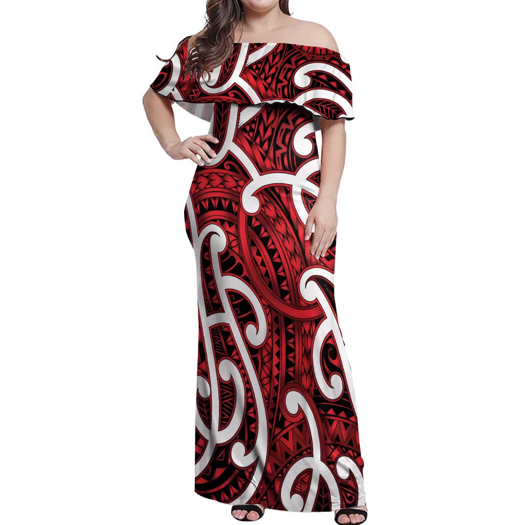 Aotearoa Maori Kowhaiwhai Off Shoulder Maxi Dress Whero Puhoro and Patiki LT9 Women Red - Polynesian Pride