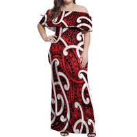 Aotearoa Maori Kowhaiwhai Off Shoulder Maxi Dress Whero Puhoro and Patiki LT9 Women Red - Polynesian Pride