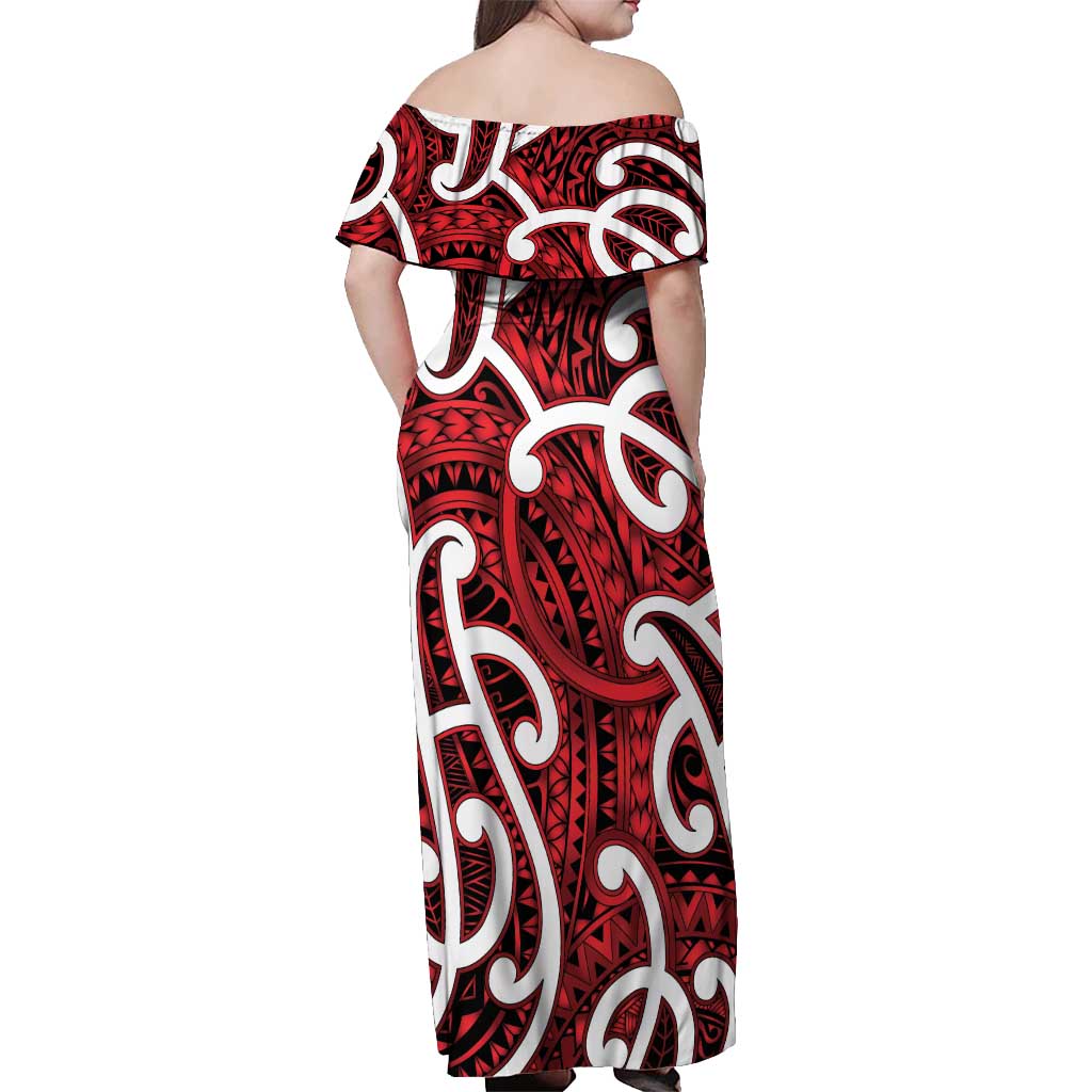 Aotearoa Maori Kowhaiwhai Off Shoulder Maxi Dress Whero Puhoro and Patiki LT9 - Polynesian Pride