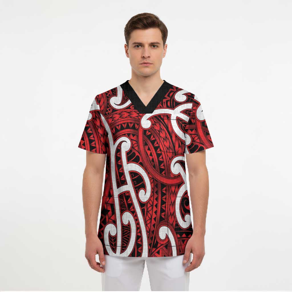 Aotearoa Maori Kowhaiwhai Scrub Top Whero Puhoro and Patiki