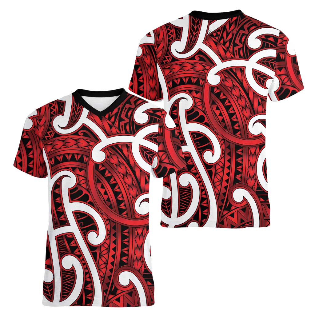 Aotearoa Maori Kowhaiwhai Women V-Neck T-Shirt Whero Puhoro and Patiki