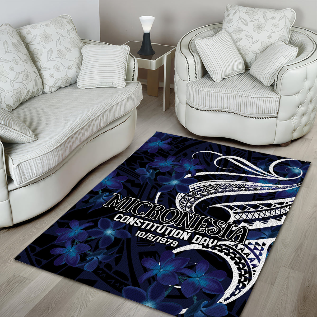 Micronesia Constitution Day Area Rug Since 1979 with Polynesian Hibiscus Pattern