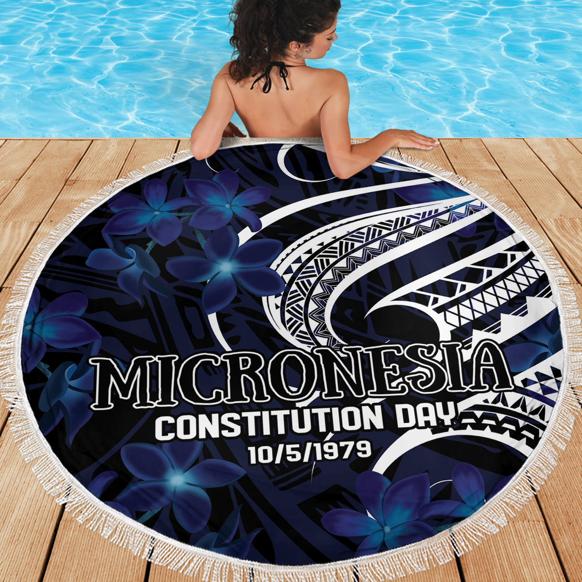 Micronesia Constitution Day Beach Blanket Since 1979 with Polynesian Hibiscus Pattern