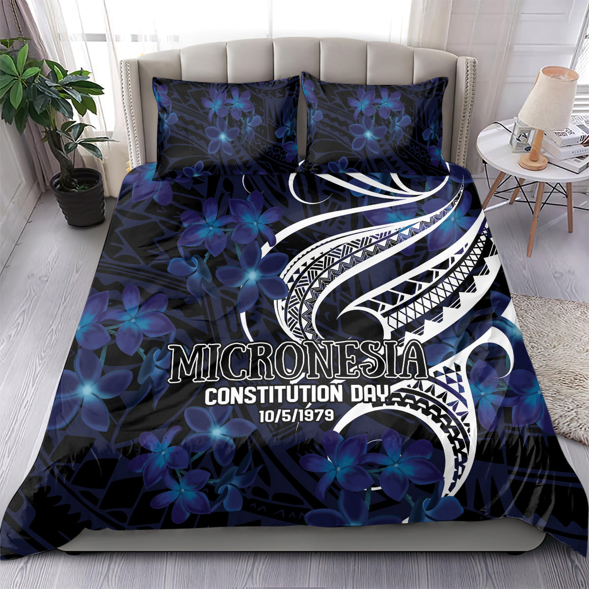 Micronesia Constitution Day Bedding Set Since 1979 with Polynesian Hibiscus Pattern