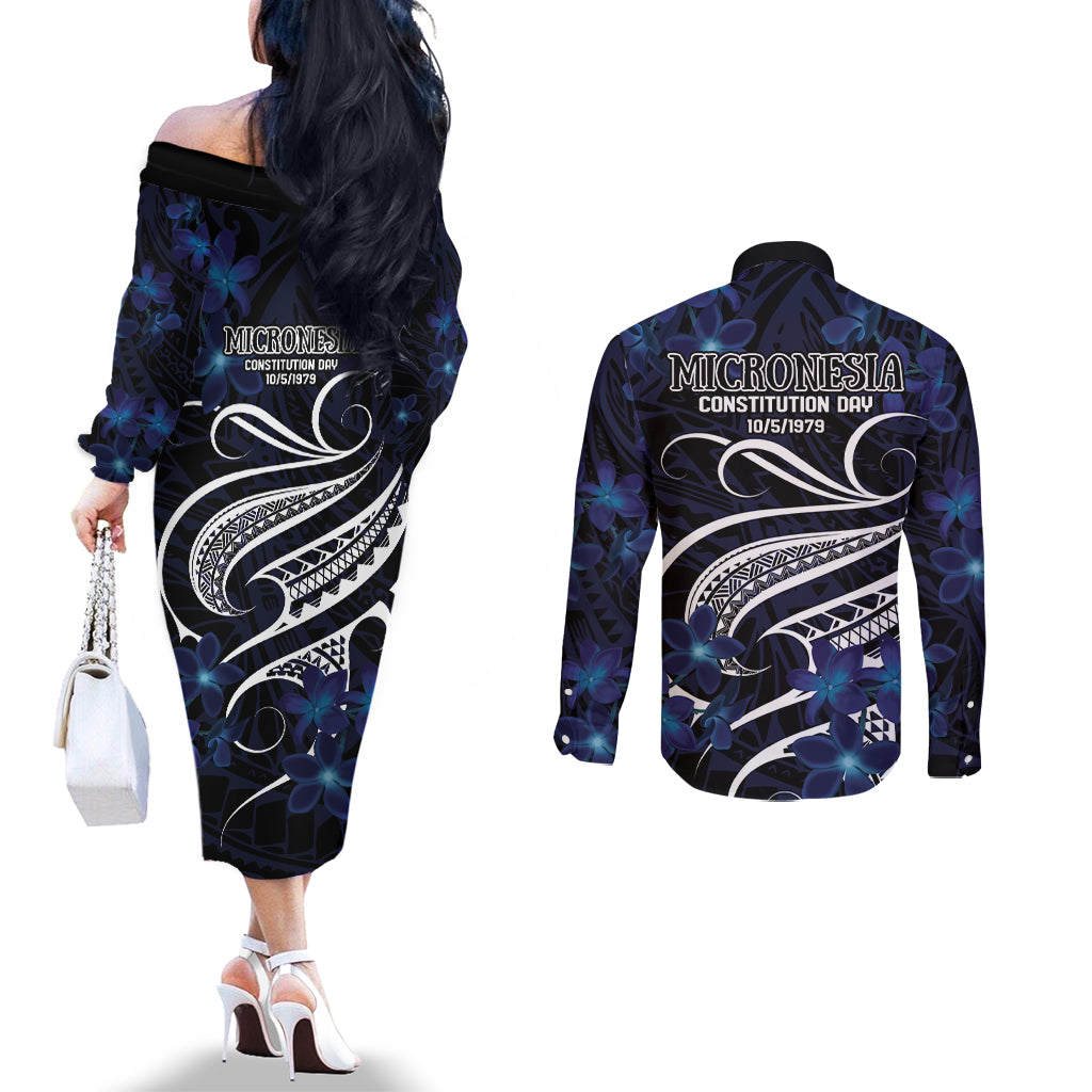 Micronesia Constitution Day Couples Matching Off The Shoulder Long Sleeve Dress and Long Sleeve Button Shirt Since 1979 with Polynesian Hibiscus Pattern
