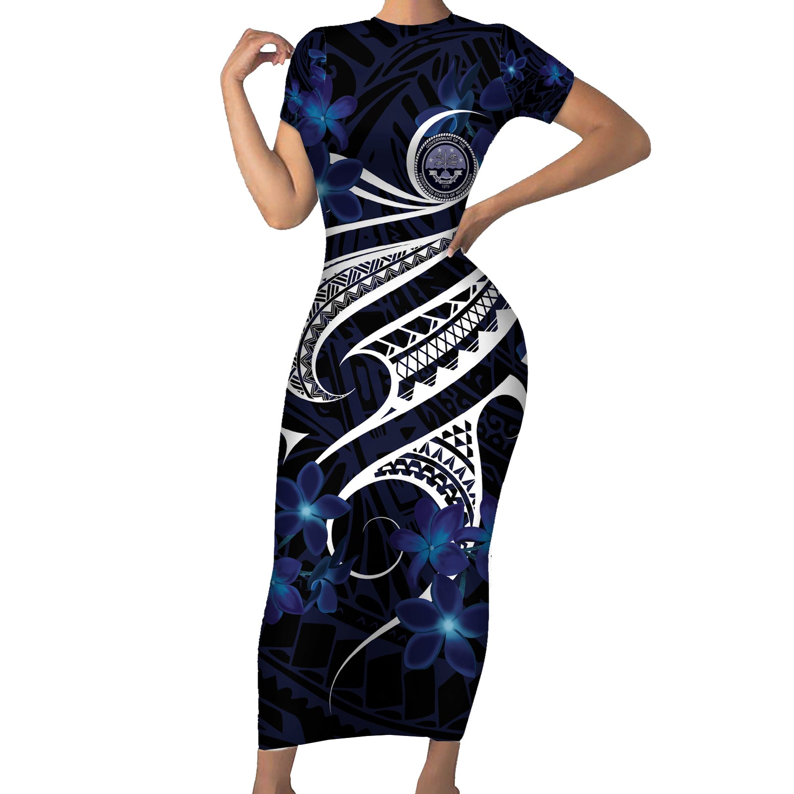 Micronesia Constitution Day Short Sleeve Bodycon Dress Since 1979 with Polynesian Hibiscus Pattern
