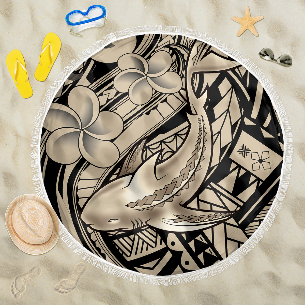 Polynesian Shark Tribal Tattoo Beach Blanket Beige Style