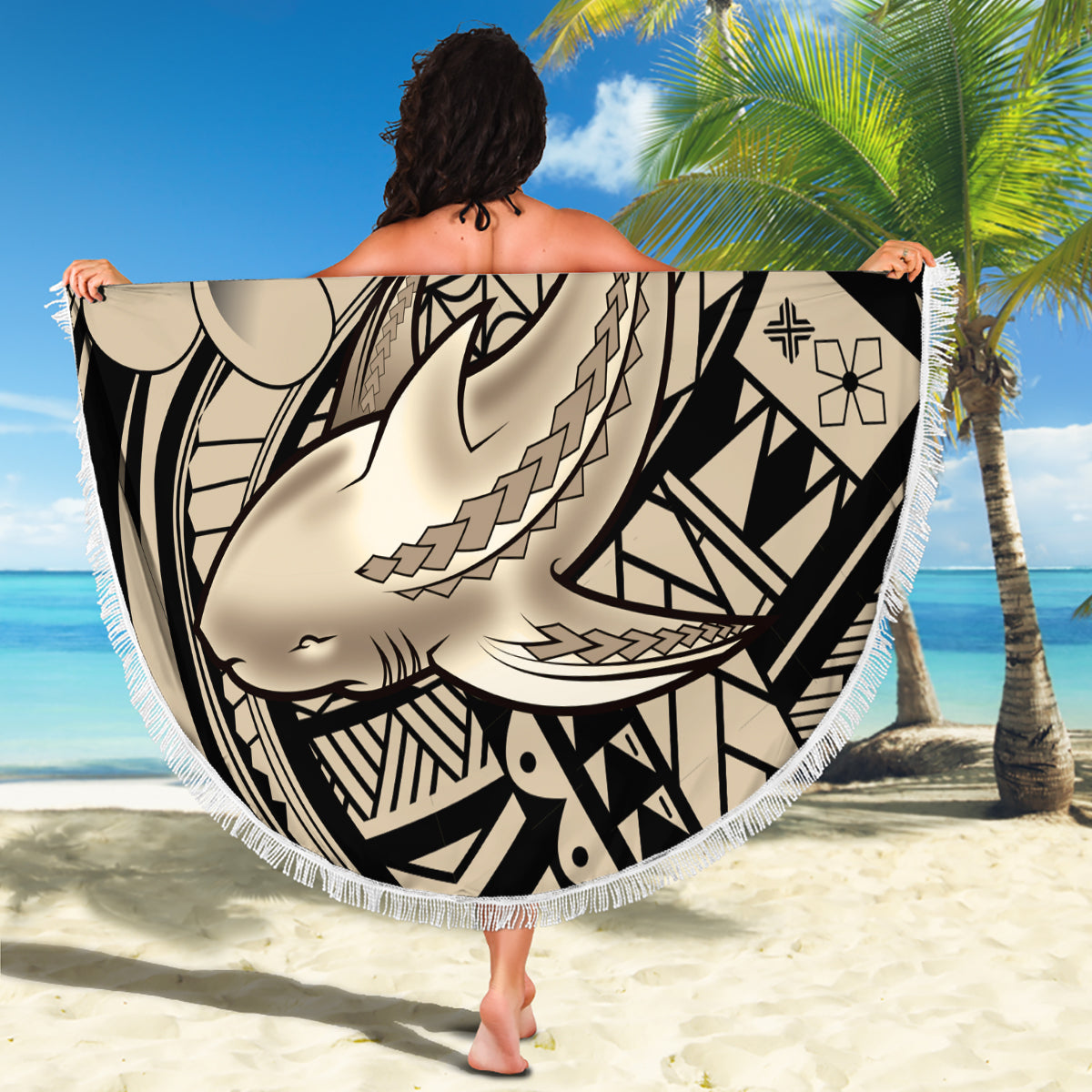 Polynesian Shark Tribal Tattoo Beach Blanket Beige Style