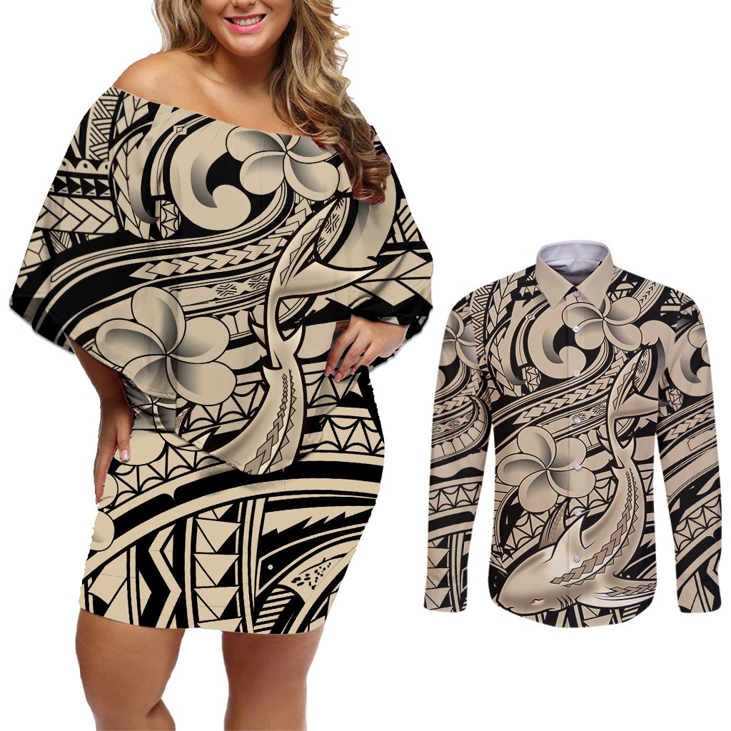 Polynesian Shark Tribal Tattoo Couples Matching Off Shoulder Short Dress and Long Sleeve Button Shirt Beige Style LT9 Beige - Polynesian Pride