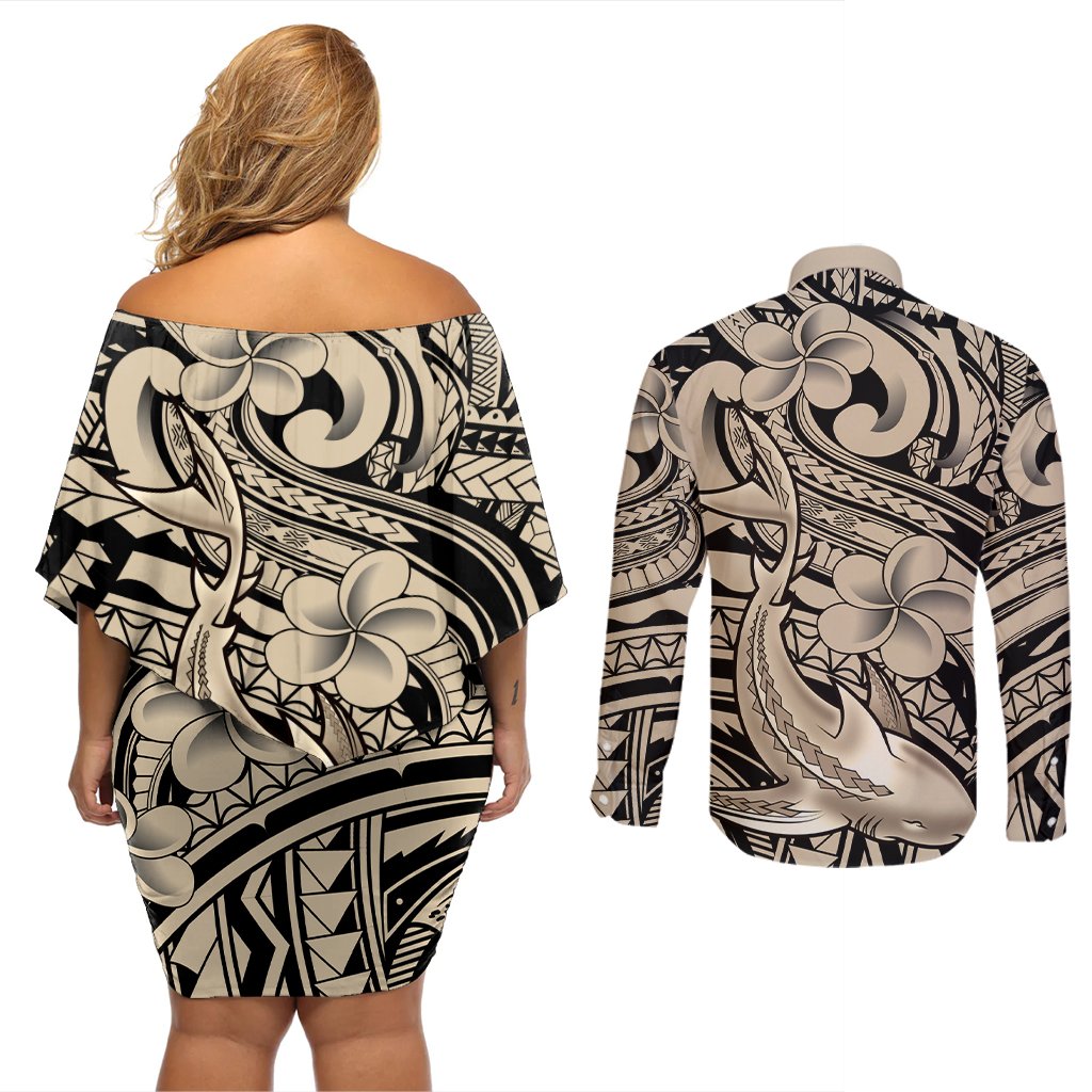Polynesian Shark Tribal Tattoo Couples Matching Off Shoulder Short Dress and Long Sleeve Button Shirt Beige Style LT9 - Polynesian Pride