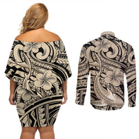 Polynesian Shark Tribal Tattoo Couples Matching Off Shoulder Short Dress and Long Sleeve Button Shirt Beige Style LT9 - Polynesian Pride