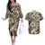 Polynesian Shark Tribal Tattoo Couples Matching Off The Shoulder Long Sleeve Dress and Hawaiian Shirt Beige Style