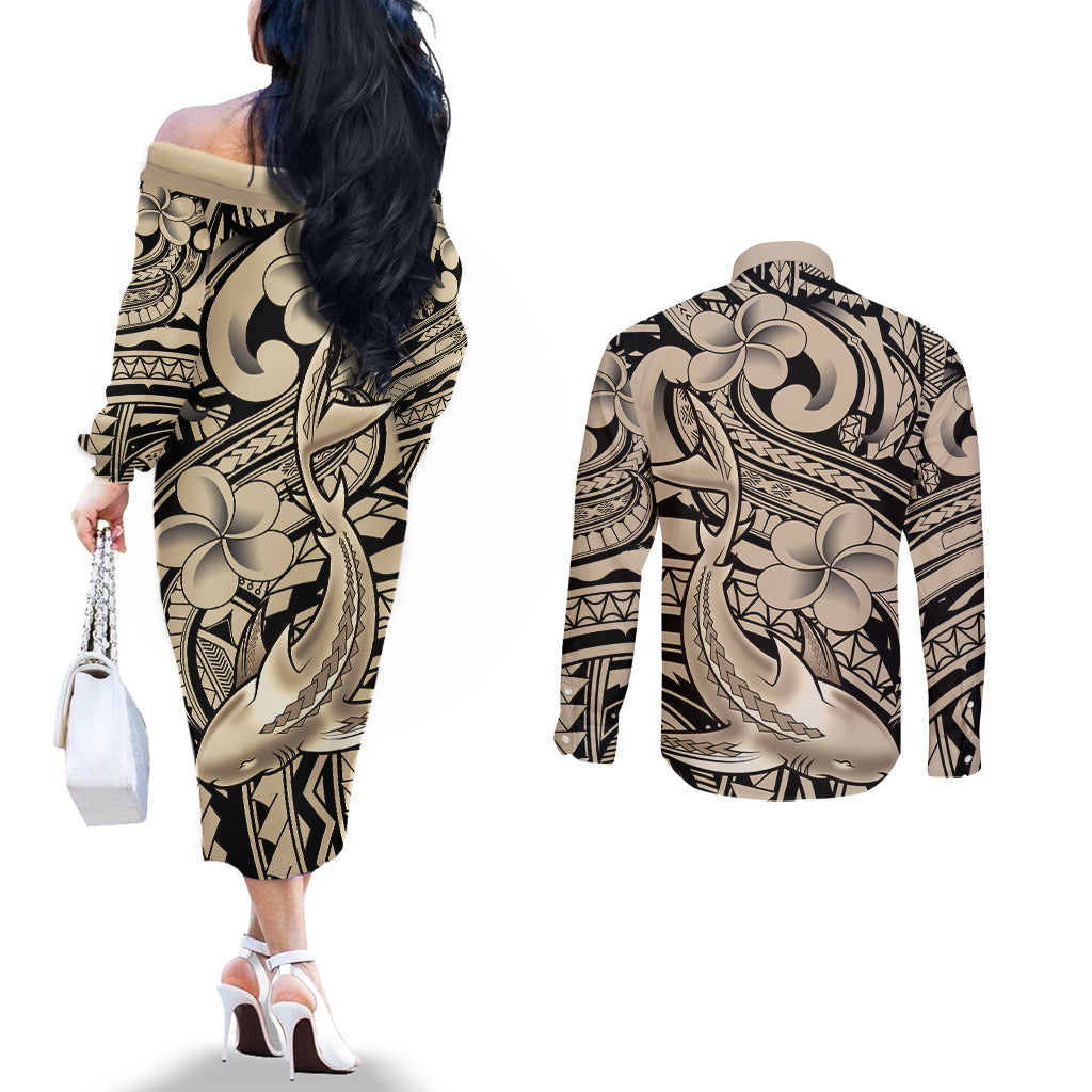 Polynesian Shark Tribal Tattoo Couples Matching Off The Shoulder Long Sleeve Dress and Long Sleeve Button Shirt Beige Style LT9 - Polynesian Pride
