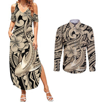 Polynesian Shark Tribal Tattoo Couples Matching Summer Maxi Dress and Long Sleeve Button Shirt Beige Style