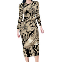 Polynesian Shark Tribal Tattoo Family Matching Long Sleeve Bodycon Dress and Hawaiian Shirt Beige Style LT9 Mom's Dress Beige - Polynesian Pride